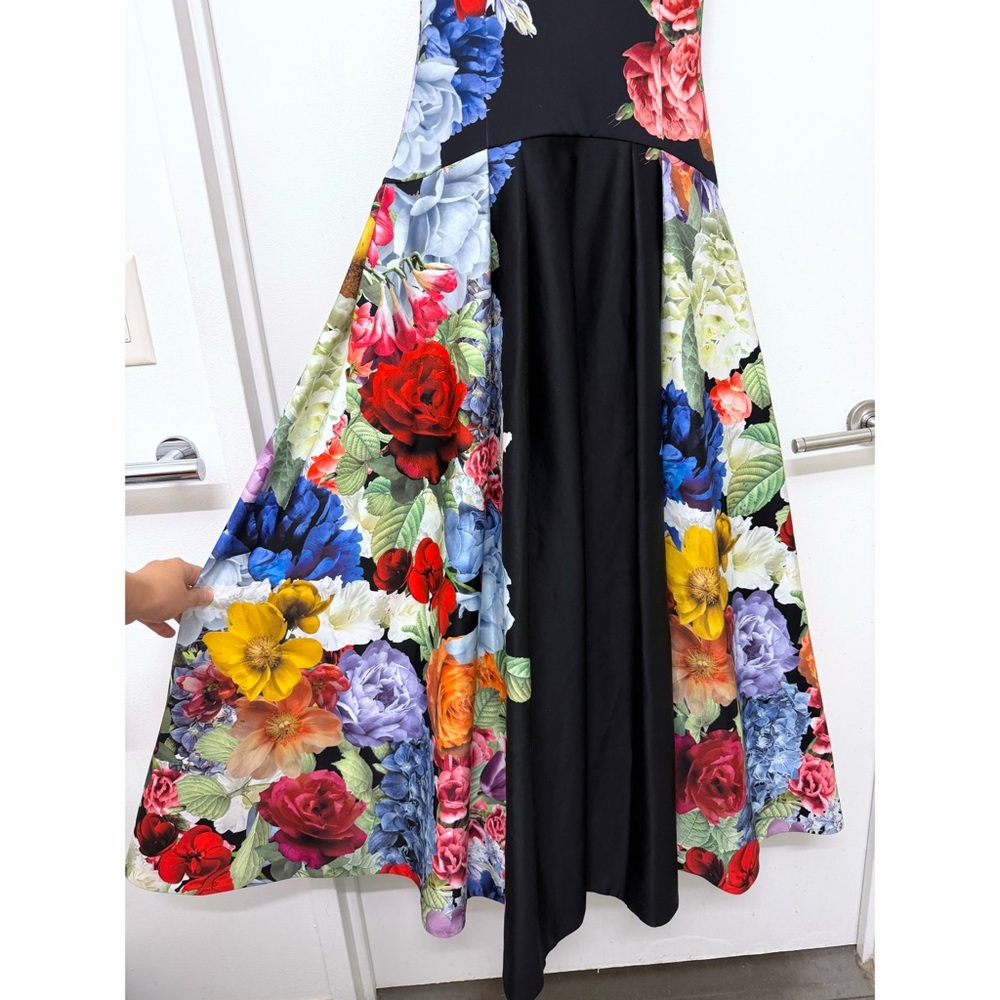 Alice + Olivia Adley Drop Waist Midi Dress Garden Brunch Black Floral Colorful 4 - Picture 6 of 16